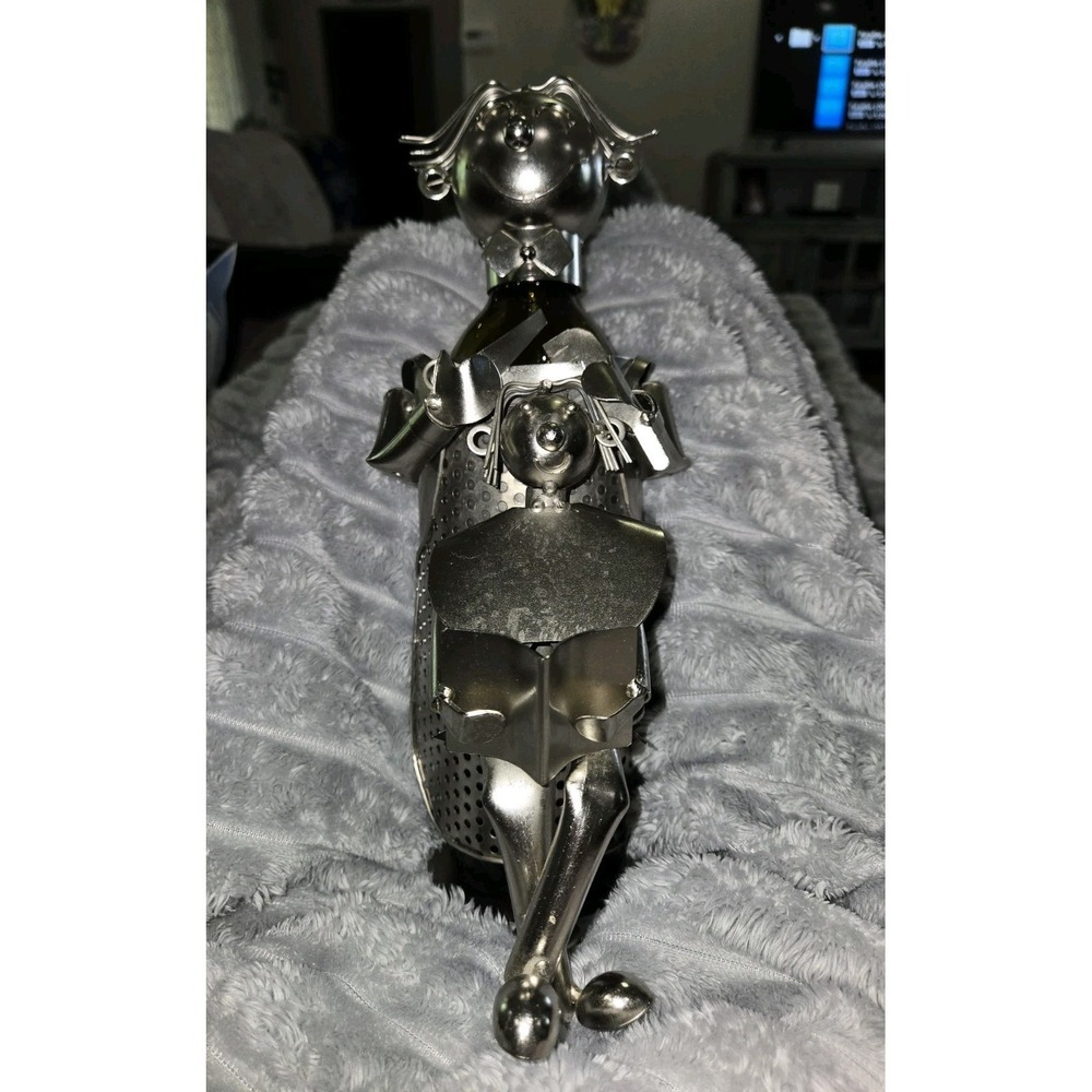 Metal Wine Bottle Holder Whimsical Figure Reading to Child Industrial Art Silver